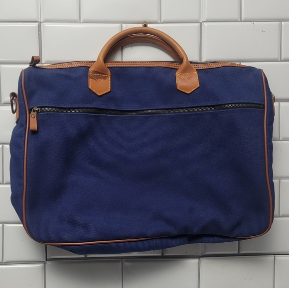 BUON VIAGGIO Vintage Blue Canvas Carrying Case Briefcase with Tan Leather Trim a